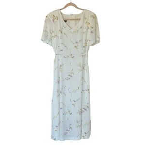 Vintage Sarah Polster Romantic Floral Maxi Dress Tied Waist Short Sleeve